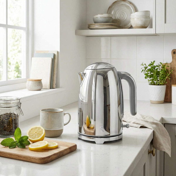 Chrome electric kettle with handle on kitchen counter