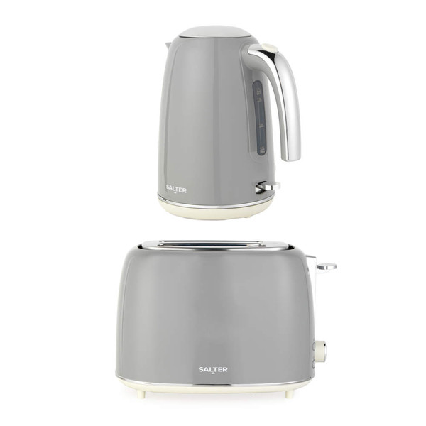Grey kettle and toaster set on white, Salter brand