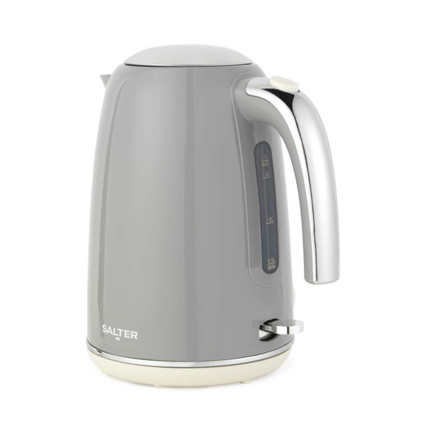 Grey electric kettle with chrome handle, 1.7L capacity, side view.
