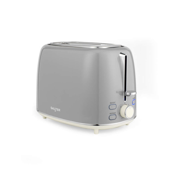 Grey 2-slice toaster with buttons for reheat and defrost, side view