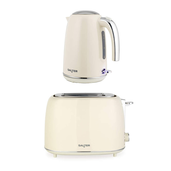 Cream kettle and two-slice toaster set with chrome accents, side view