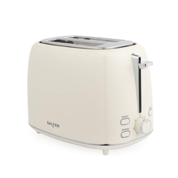 Cream two-slice toaster with reheat and defrost buttons, angled front view