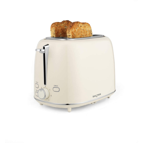 Cream two-slice toaster with toasted bread, angled view, suitable for UK kitchens