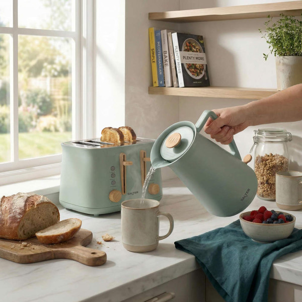 Sage green kettle pouring water beside matching toaster, breakfast setting