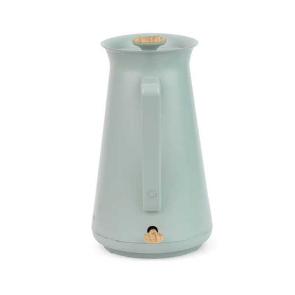 Sage green electric kettle with wood accents, shown upright from side angle