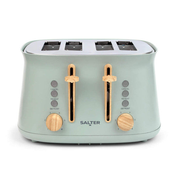 Sage green 4-slice toaster with wood effect controls, front view