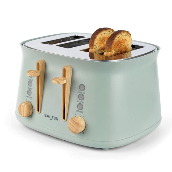 Sage green 4-slice toaster with wood effect controls, shown with two toasted slices