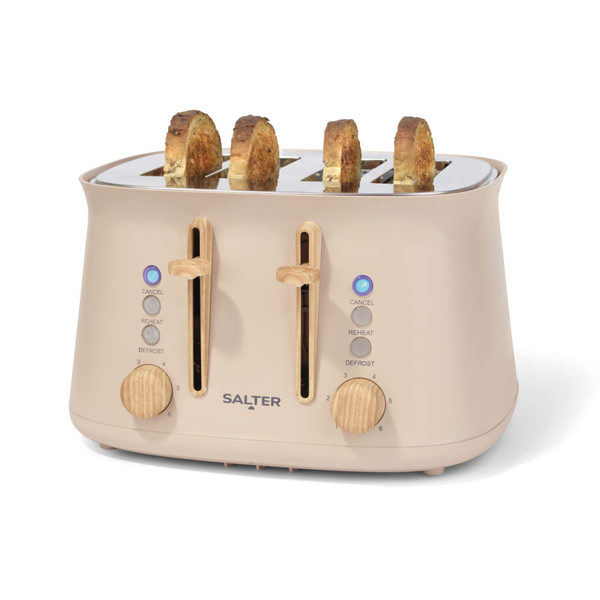 Stone-coloured Salter 4-slice toaster with wooden accents, shown toasting bread.