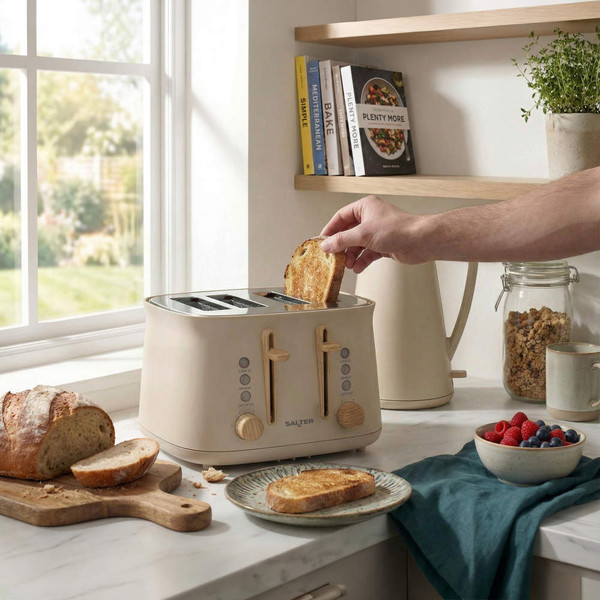 Four-slice cream toaster in kitchen with bread and hand inserting toast