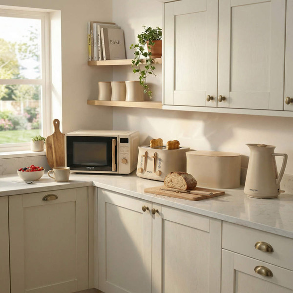 Beige microwave, toaster, kettle and breadbin on kitchen counter in light modern kitchen