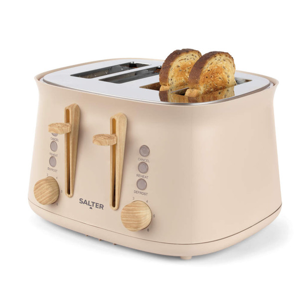 Four-slice beige toaster with wood-effect controls, two slices of seeded bread toasting