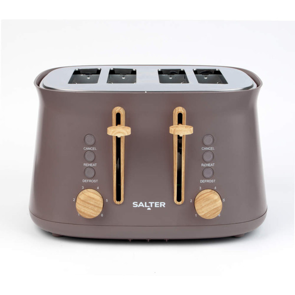 Brown Salter 4-slice toaster with wood effect controls, front view