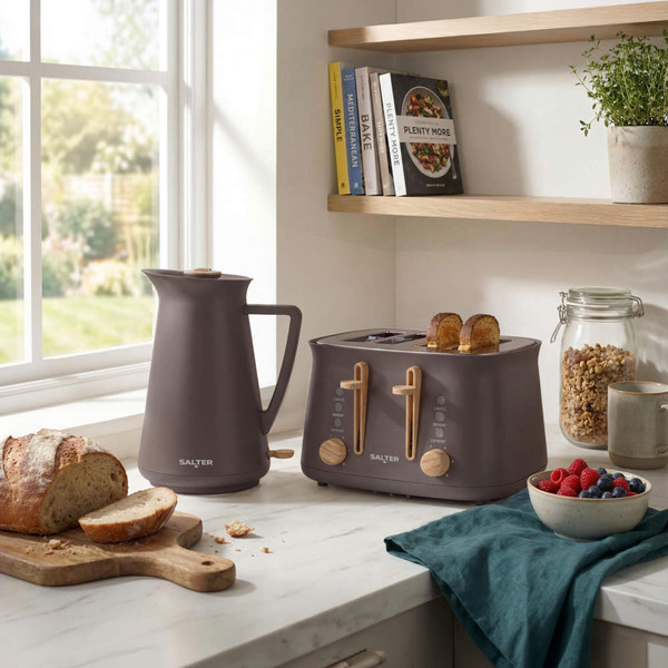 Brown Salter kettle and toaster set with toasted bread on kitchen counter