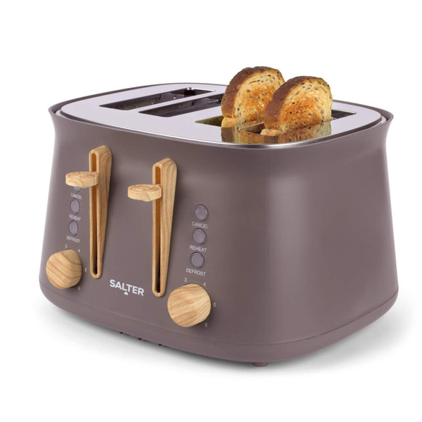 Four-slice brown toaster with wood-effect controls and seeded toast inside