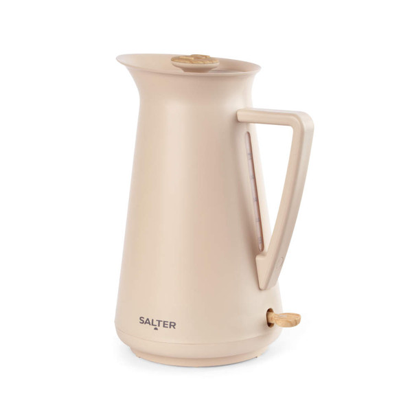 Beige electric kettle with wood-effect handle and lid, Salter logo at base