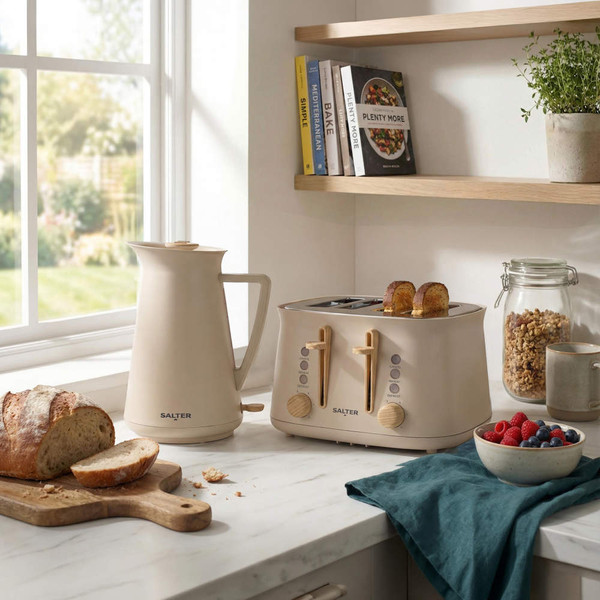 Stone-coloured Salter kettle and toaster with toast, on kitchen counter for product listing