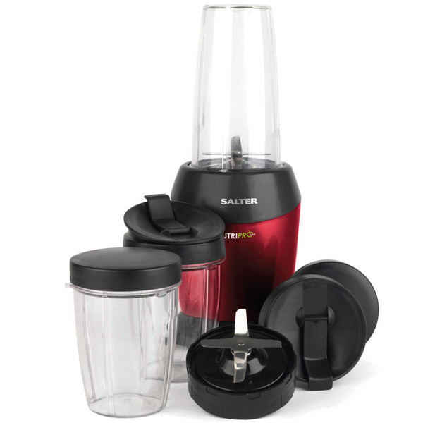 Red personal blender with three cups, lids and blade attachment, shown for home use.
