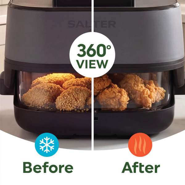 Clear 4 litre cooking container holding roast chicken and veg, served at family dining table.
