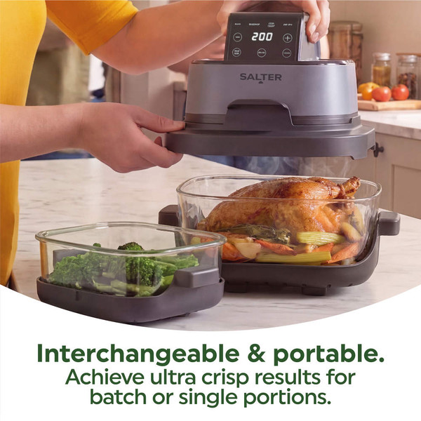 Banner showing Salter air fryer with roast chicken, highlighting PFAS-free, dishwasher safe containers.