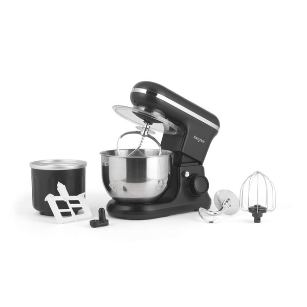 Black stand mixer with stainless steel bowl and assorted attachments, shown on white background