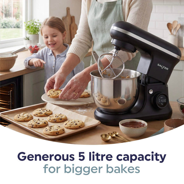 Black stand mixer with 5 litre bowl shown baking chocolate chip cookies