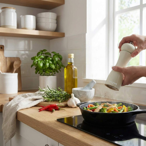 White electric salt grinder in use over pan of mixed vegetables on kitchen counter