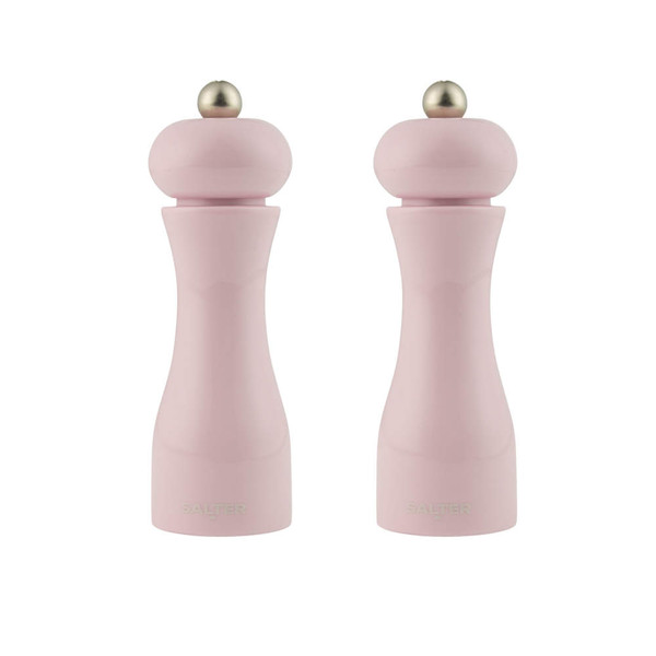 Pair of pink manual salt and pepper mills with rounded tops