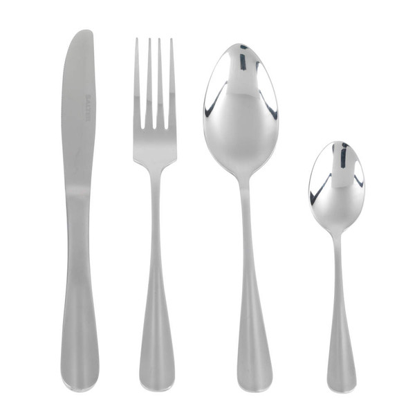 Set of four stainless steel cutlery pieces: knife, fork, tablespoon, teaspoon