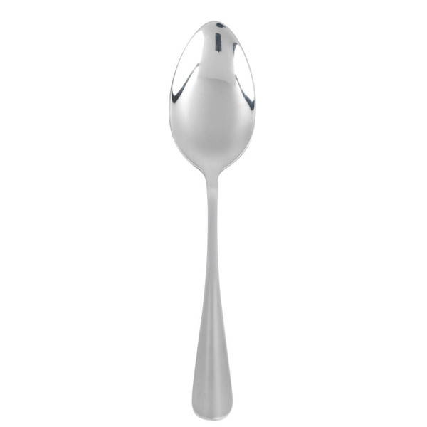Stainless steel dessert spoon, polished, shown upright on white background
