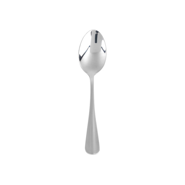 Stainless steel dessert spoon with curved handle on white background