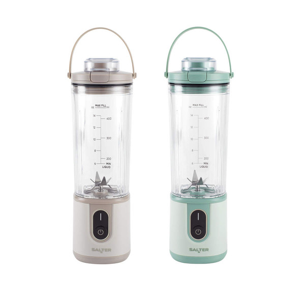 Twin portable blenders, one beige and one green, for drinks and smoothies.