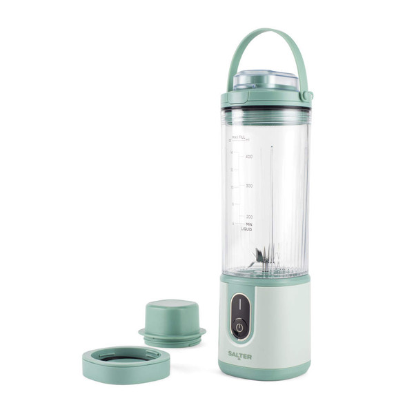 Green portable blender with handle, measuring guide and two separate green lids