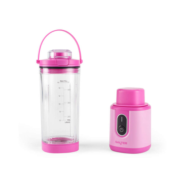 Pink portable blender with carry cup and measuring scale, shown on white background