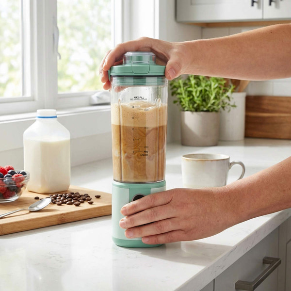 Pink portable blender with smoothie inside, held by handle outdoors