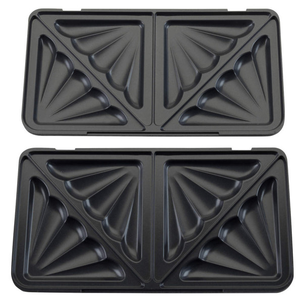 Set of two black non-stick sandwich toaster plates with four triangular sections each.