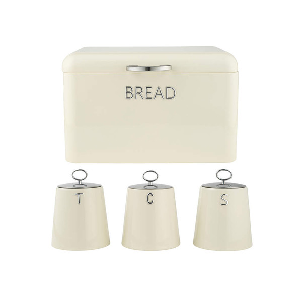 Cream bread bin with three matching tea, coffee and sugar canisters
