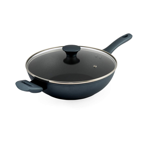 Grey non-stick wok with glass lid and two handles, shown on white background