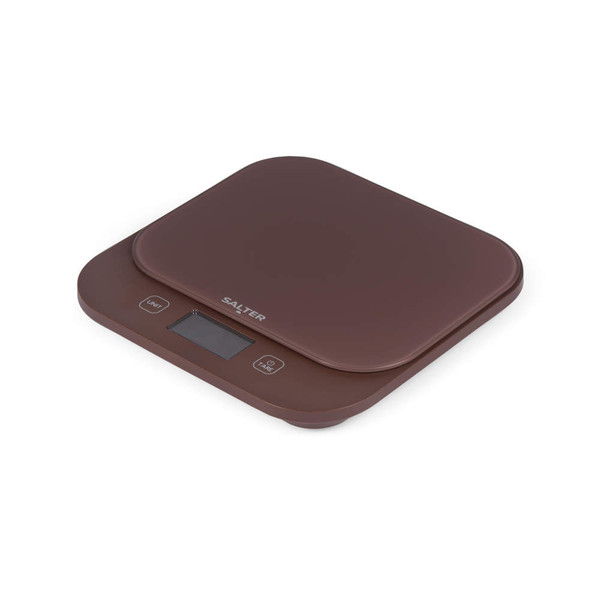 Brown digital kitchen scale with LCD display and touch buttons, angled view