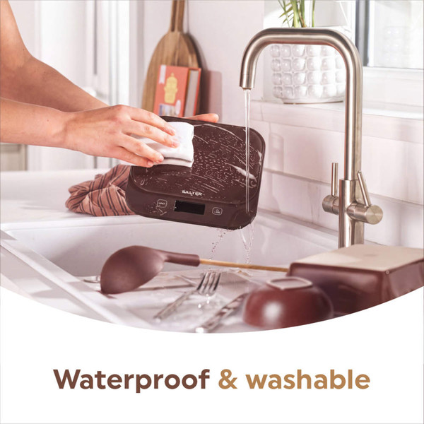 Brown digital kitchen scale with display, shown from above