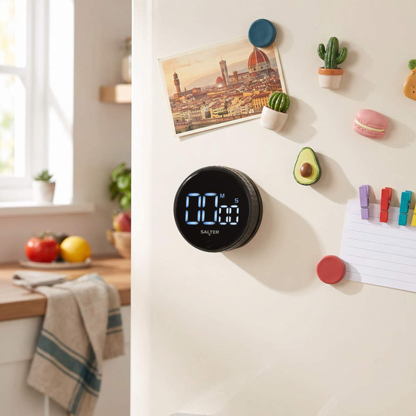 Black digital kitchen timer with large display attached to fridge door