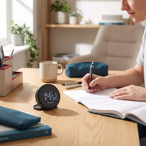 Black digital timer on a desk beside study materials and a person writing notes