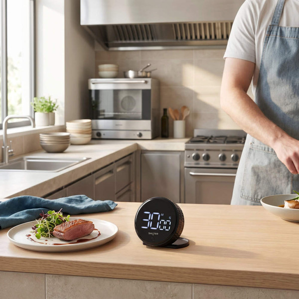 Digital kitchen timer on counter beside plated steak and salad, modern kitchen background