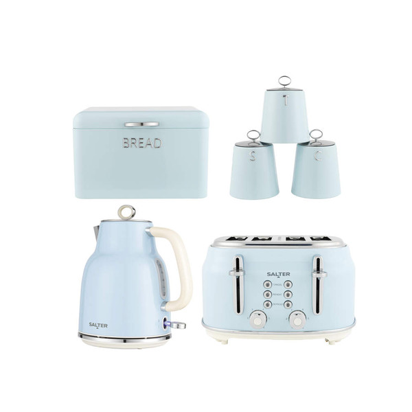 Set of pastel blue kitchen canisters, bread bin, kettle, and four-slice toaster.