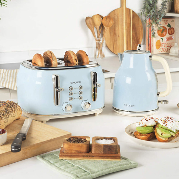 Retro blue 4-slice toaster and kettle set on kitchen counter