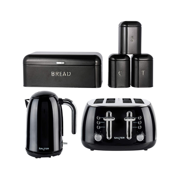 Black kitchen set with Salter kettle, 4-slice toaster, bread bin, tea, coffee, sugar canisters