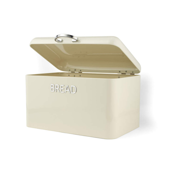 Cream metal bread bin with lift-up lid, shown open