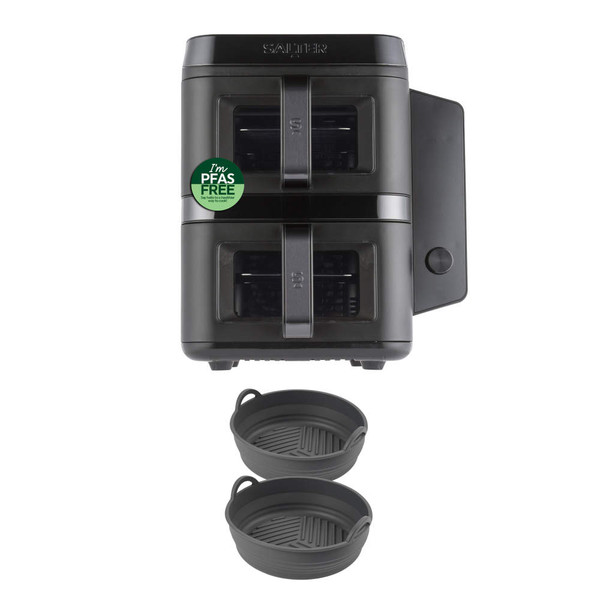 Black dual air fryer with two round silicone baskets, PFAS free sticker visible