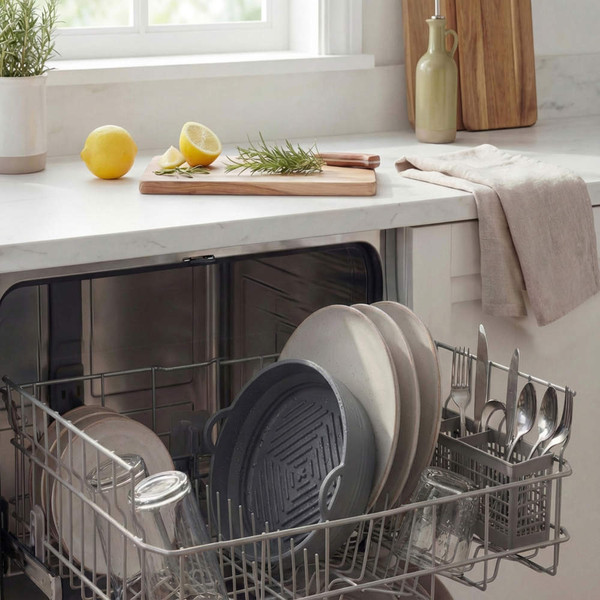 Open dishwasher with clean plates, cutlery, and glassware in modern kitchen setting