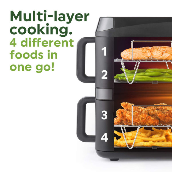 Promotional graphic showing a 4-layer air fryer cooking four different foods at once.