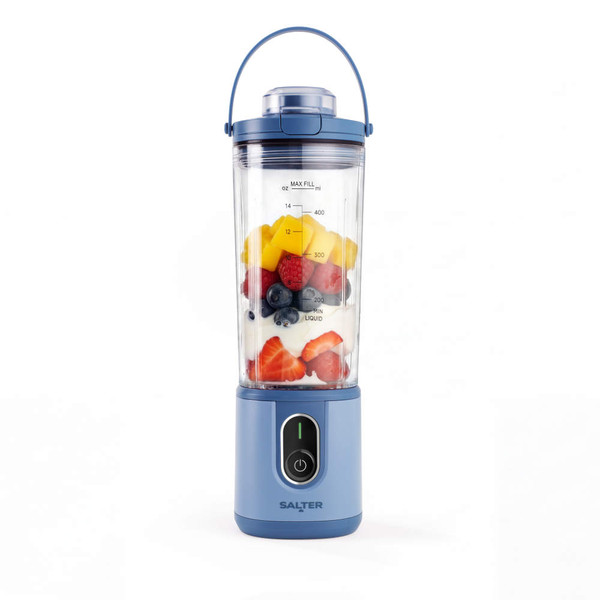 Blue portable blender with fresh fruit and yoghurt inside, shown upright on a white background